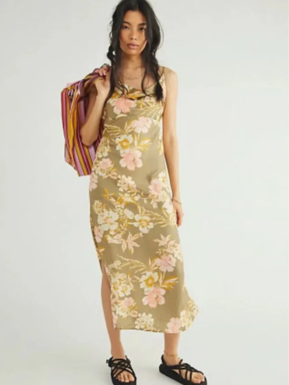 Free People Floral Satin Cowl Neck Maxi Dress Women's